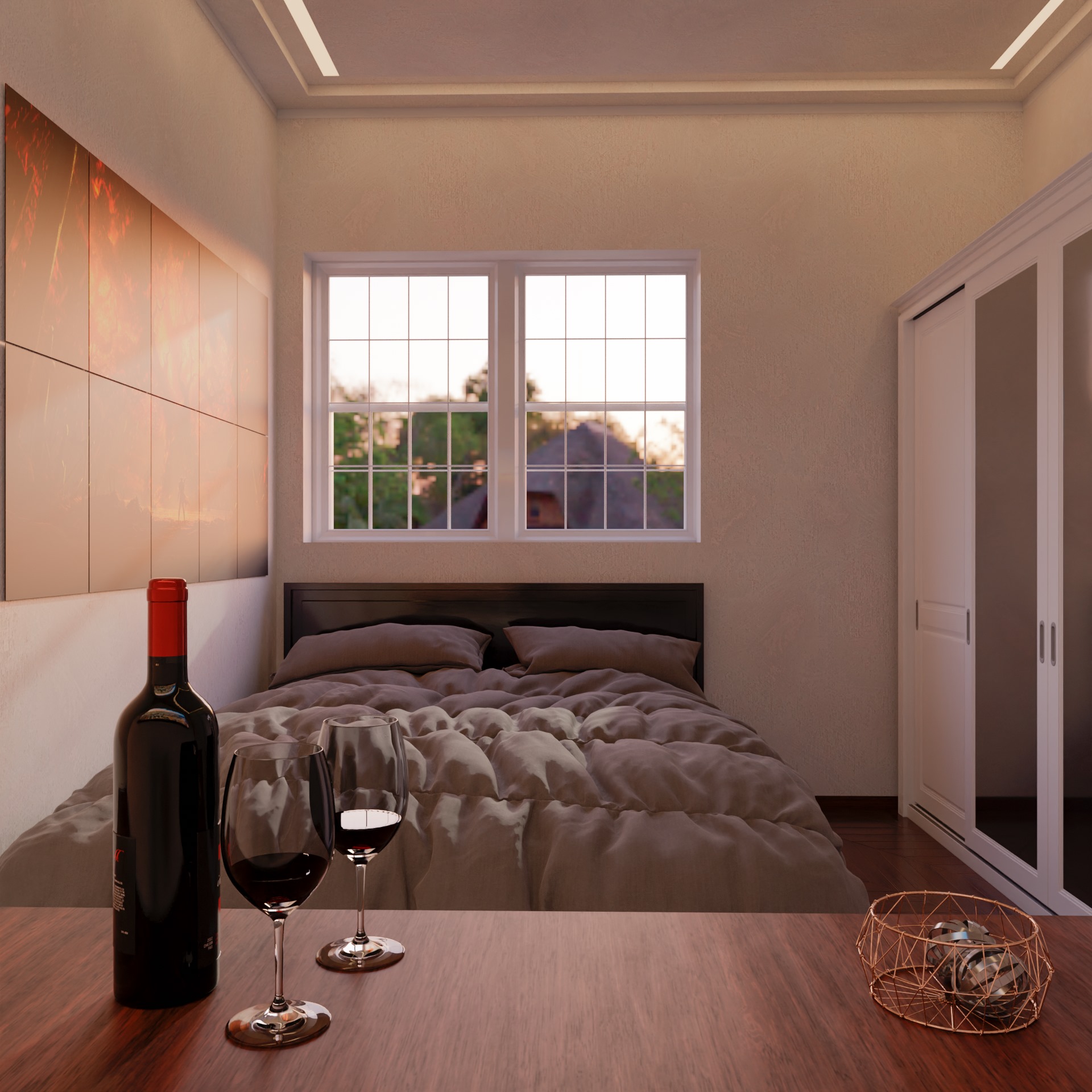 Blender render of a wine bottle and glasses