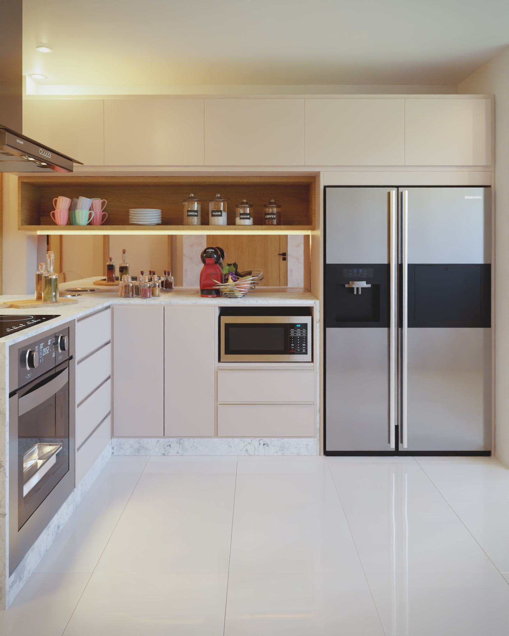 Heringer Kitchen interior render in Blender, wide view